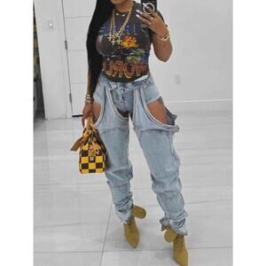 Y2K Denim Overalls Street Fashion Patchwork Ripped Casual Pants